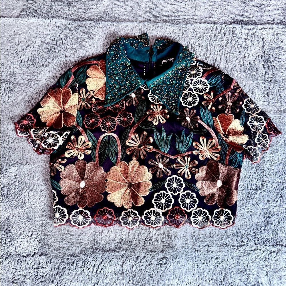Jade Sky Embroidered Beaded Collar Blouse Floral Size M Cottagecore Whimsy Fairy